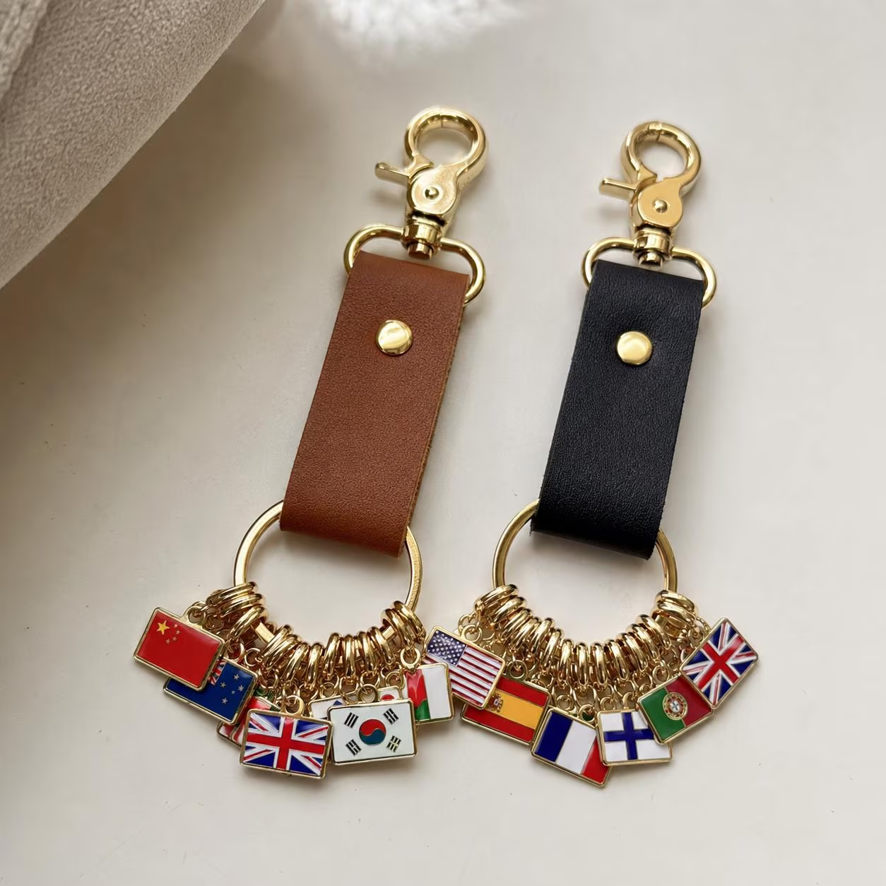 Personalized leather key fob with flag, custom country tag for travel bags, gift for travelers