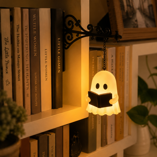 Ghost Reading Bookshelf Night Light, Hanging Book Nook Lamp, Cozy Reading Decor, Halloween Gift for Book Lovers & Readers