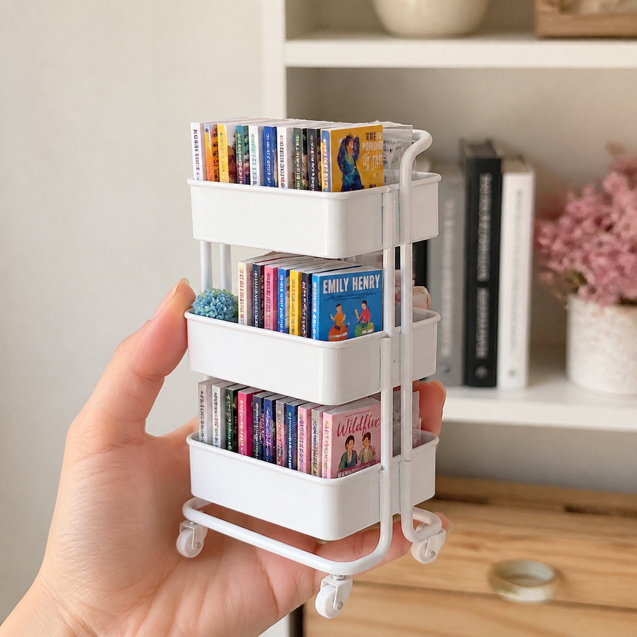 Personalized Mini Book Cart, Custom Book Cover Miniature Rolling Cart, Book Lover Gift for Readers, Teachers & Librarians