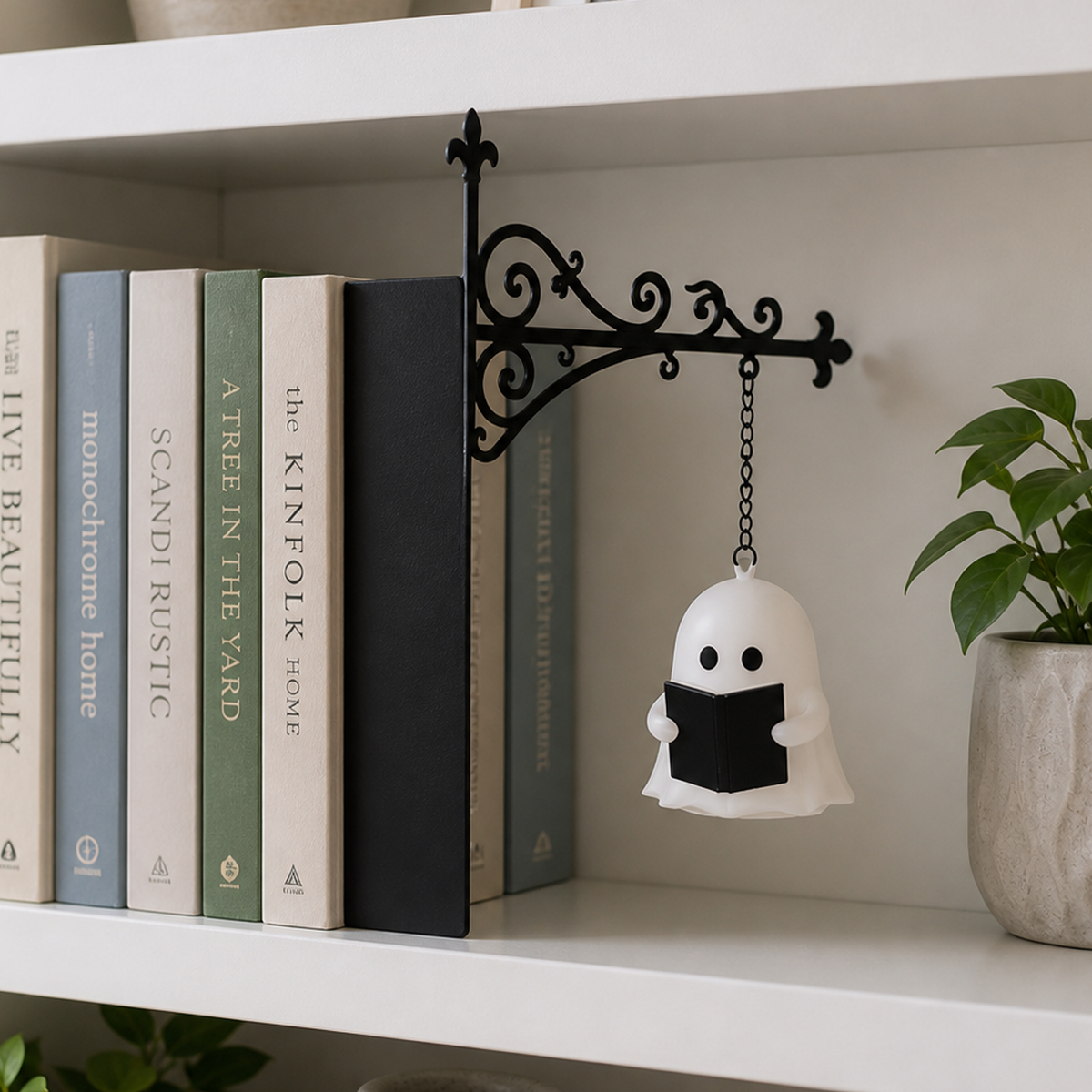 Ghost Reading Bookshelf Night Light, Hanging Book Nook Lamp, Cozy Reading Decor, Halloween Gift for Book Lovers & Readers