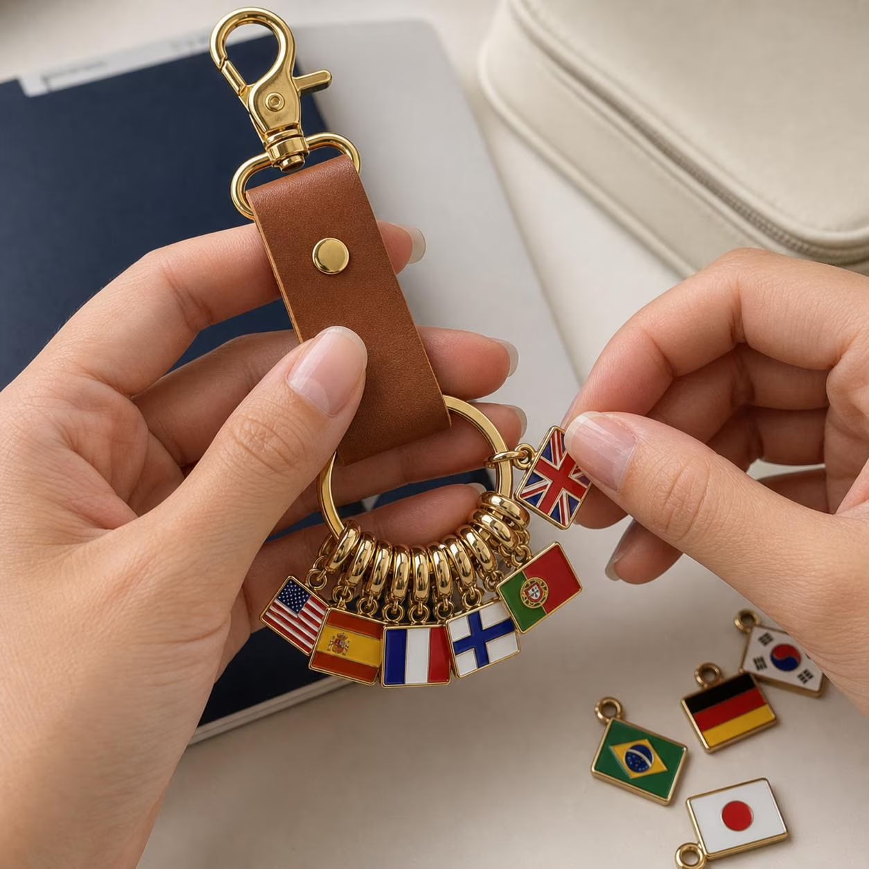 Personalized leather key fob with flag, custom country tag for travel bags, gift for travelers