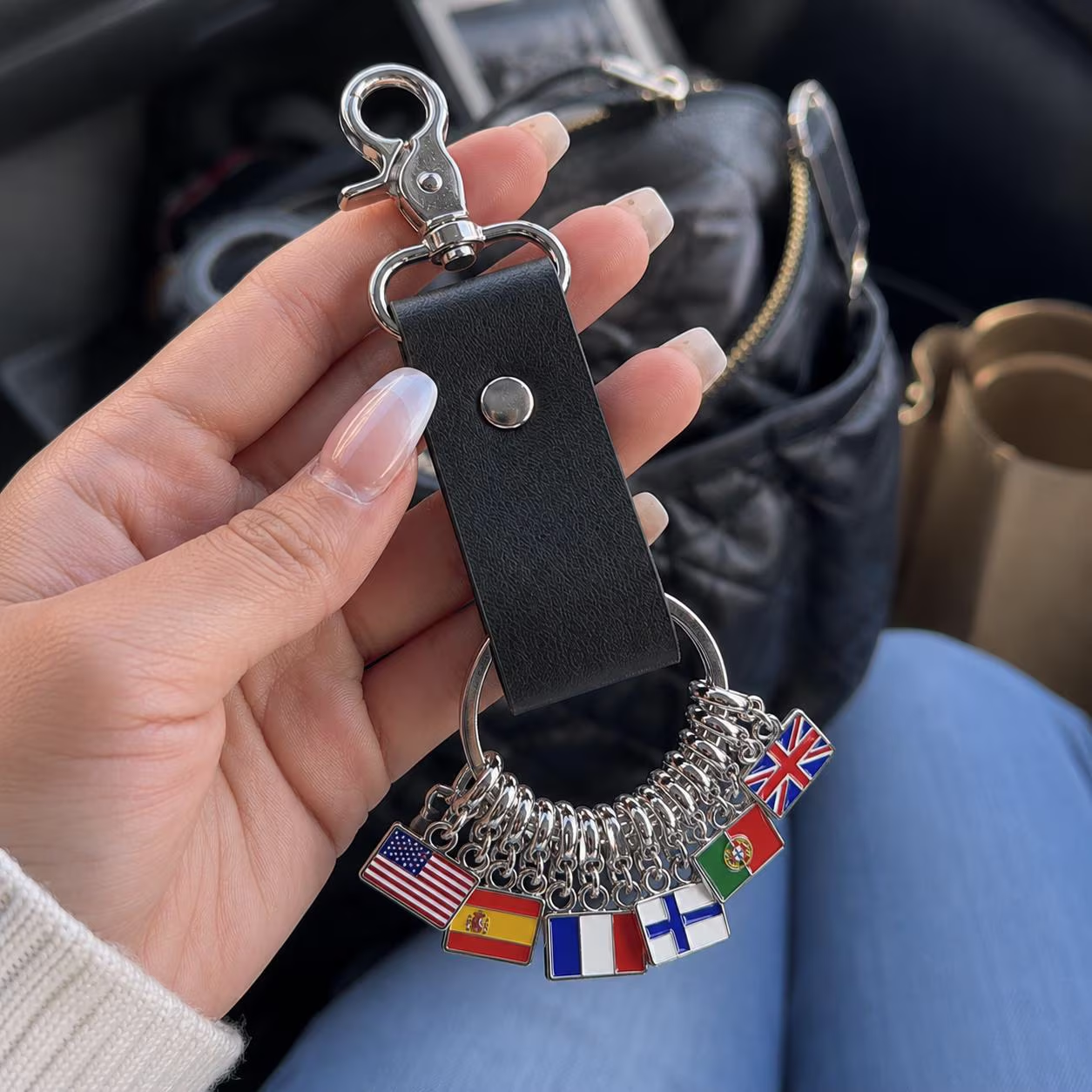 Personalized leather key fob with flag, custom country tag for travel bags, gift for travelers