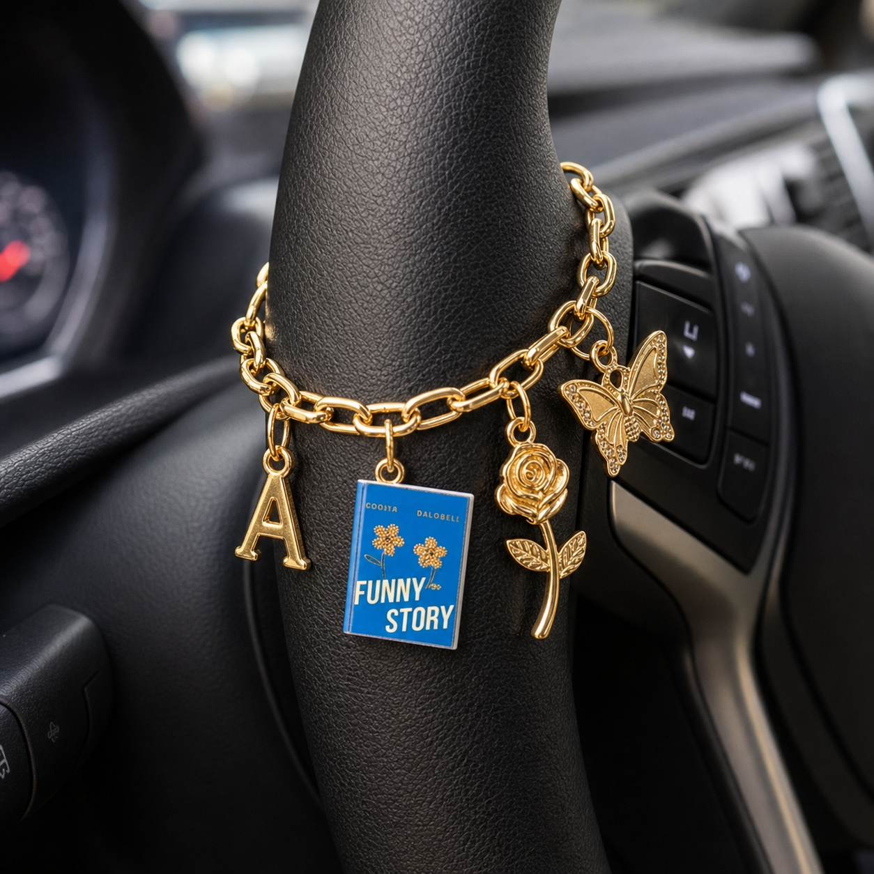 Personalized mini book car steering wheel pendant chain, custom book cover charm, a gift for book lovers.
