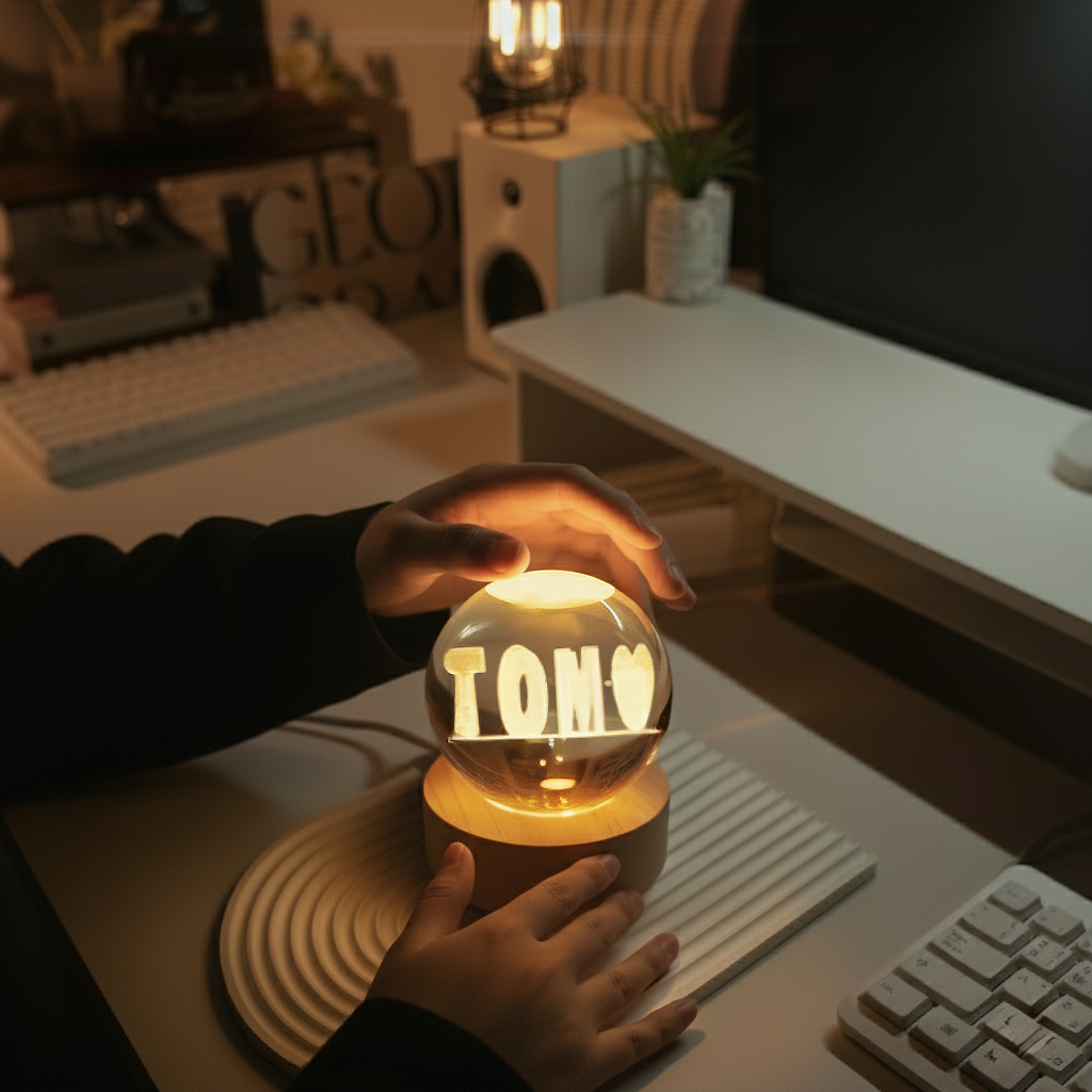 veilleuse 3D individuelle avec deux noms et boules de cristal