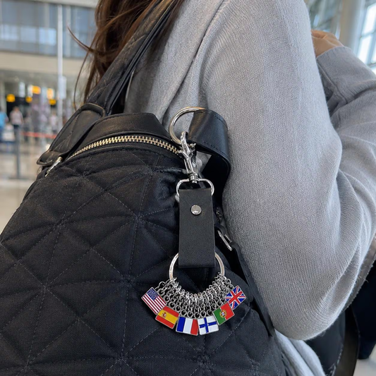 Personalized leather key fob with flag, custom country tag for travel bags, gift for travelers