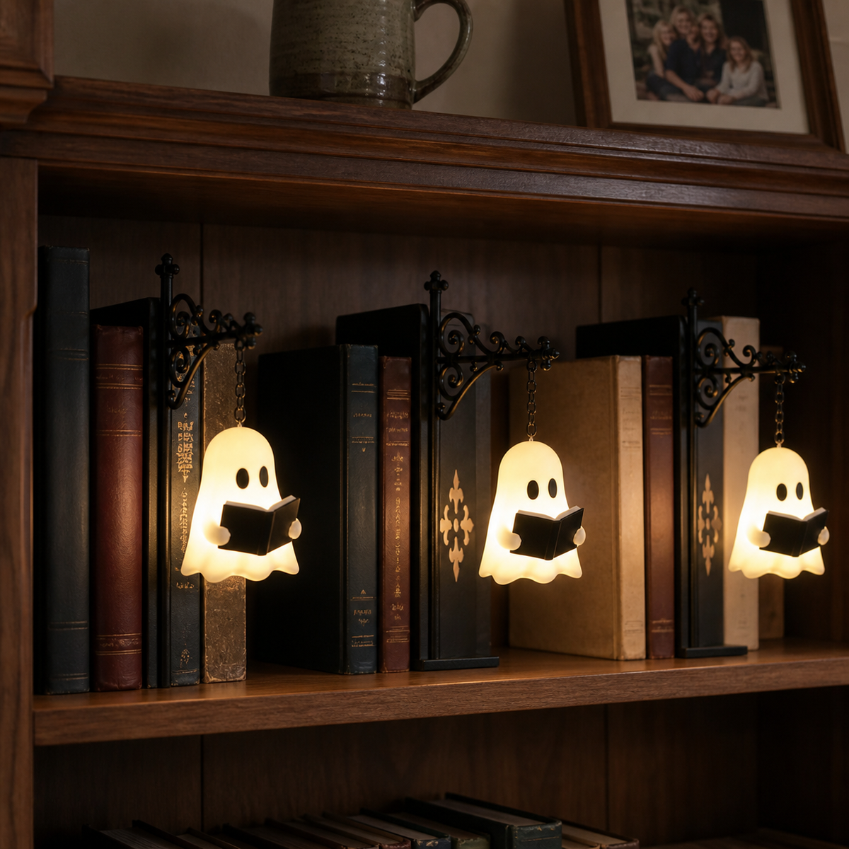 Ghost Reading Bookshelf Night Light, Hanging Book Nook Lamp, Cozy Reading Decor, Halloween Gift for Book Lovers & Readers