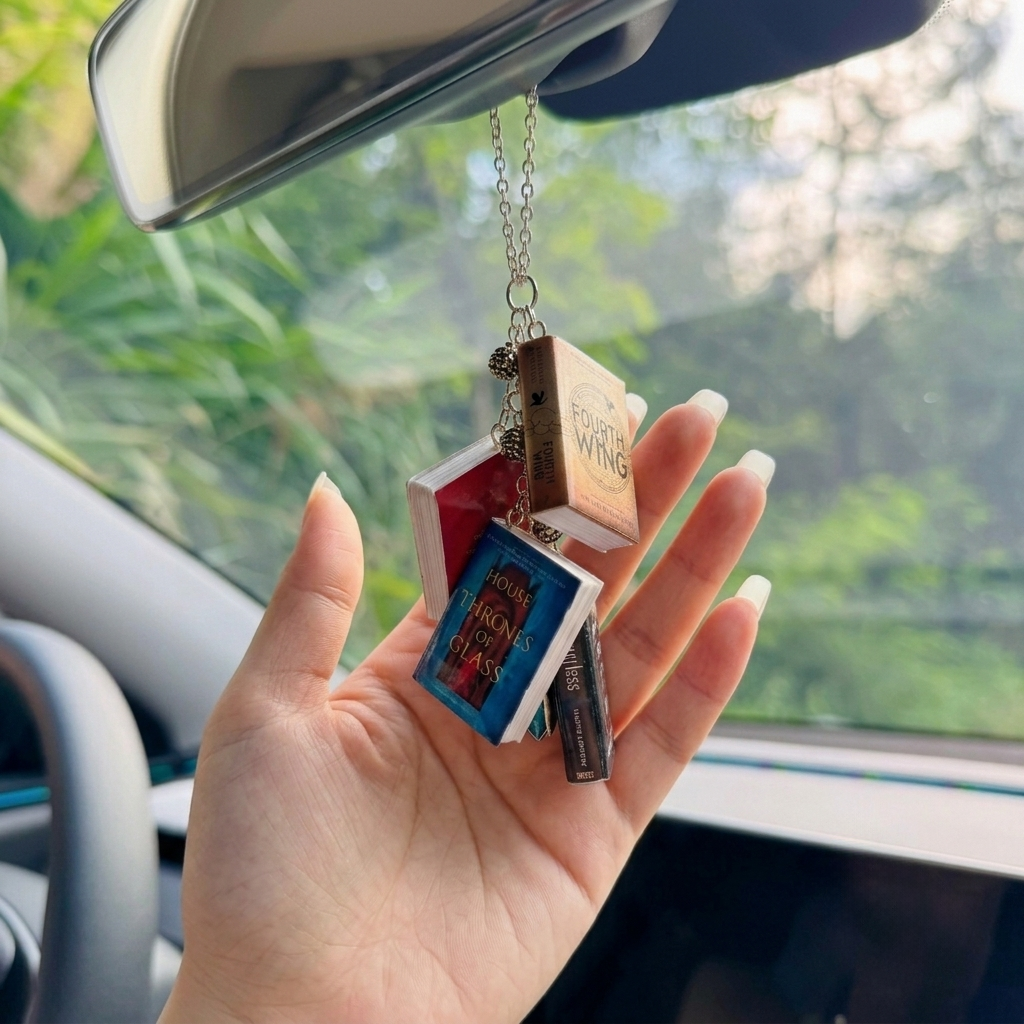 Personalized Mini Book Rearview Mirror Charm, Custom Book Cover Car Ornament with Birthstone, Gift for Book Lovers & Readers