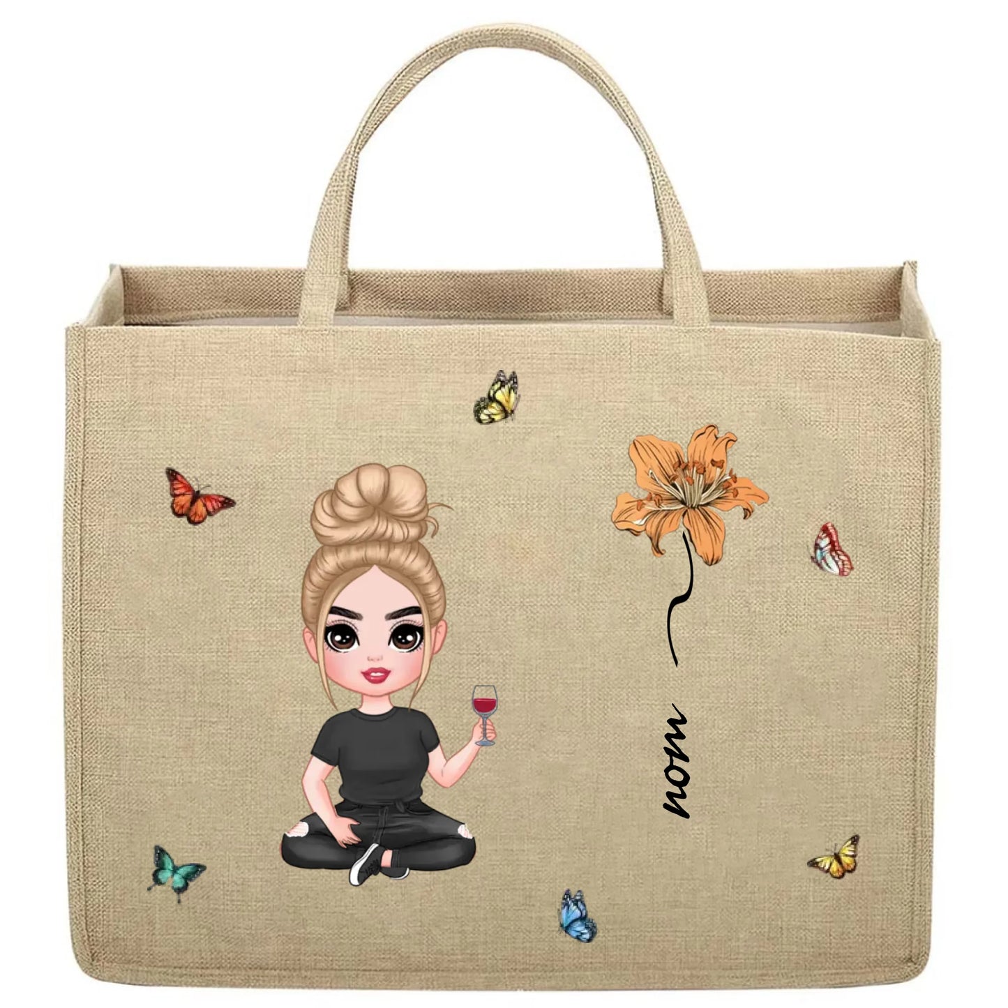 Sac fourre-tout personnalisé en lin et jute avec fleur de naissance pour filles