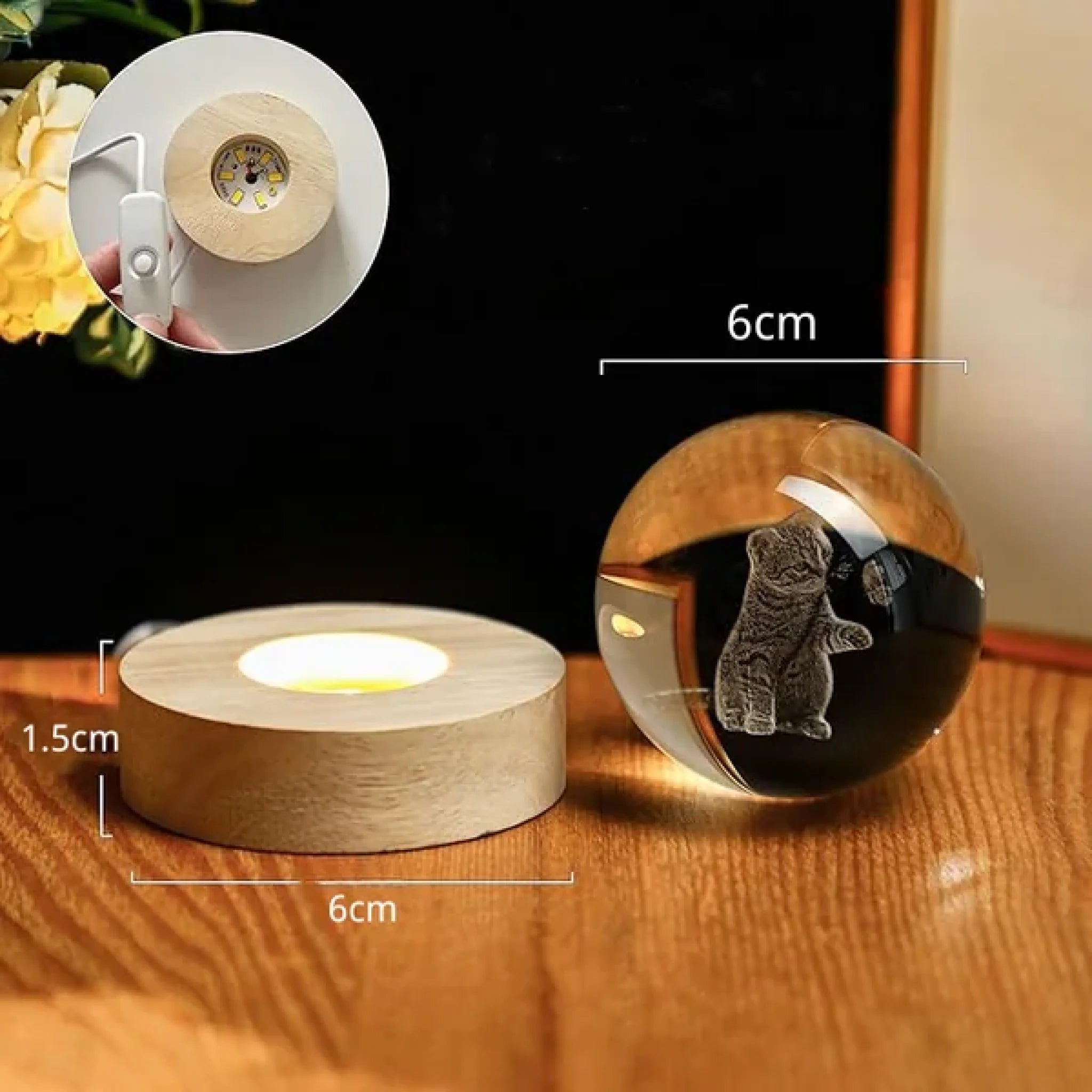 Veilleuse Photo Personnalisée Boule De Cristal - 6 Ou 8 Cm - Portait 2D - Base Bois Et Lumière LED - Cadeau Personnalisé