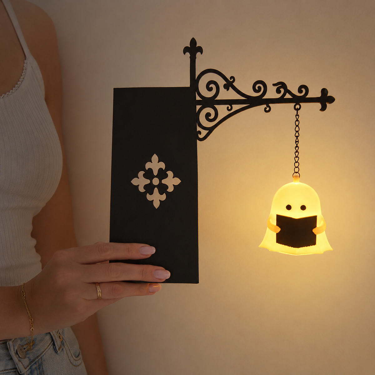 Ghost Reading Bookshelf Night Light, Hanging Book Nook Lamp, Cozy Reading Decor, Halloween Gift for Book Lovers & Readers