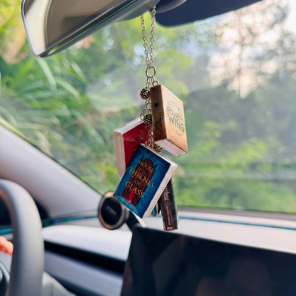 Personalized Mini Book Rearview Mirror Charm, Custom Book Cover Car Ornament with Birthstone, Gift for Book Lovers & Readers