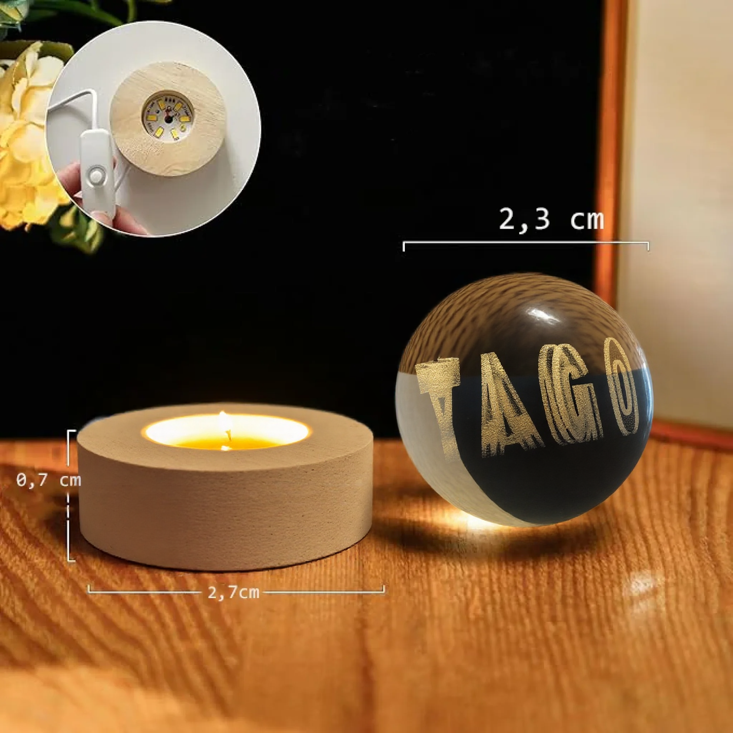 veilleuse 3D individuelle avec deux noms et boules de cristal