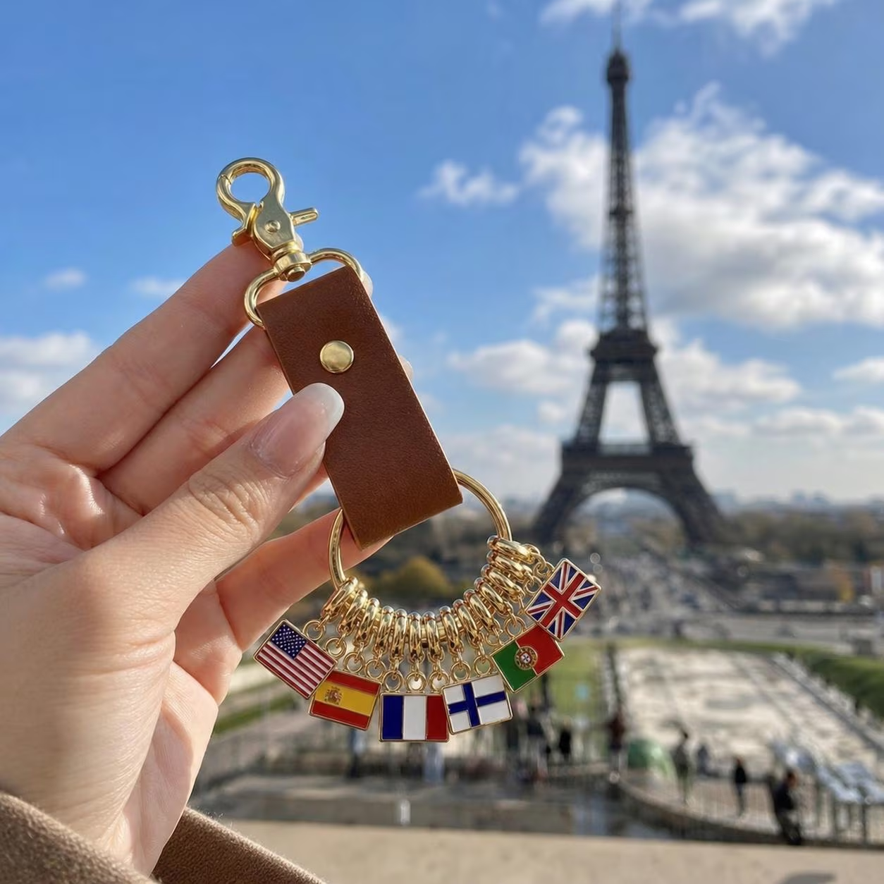 Personalized leather key fob with flag, custom country tag for travel bags, gift for travelers