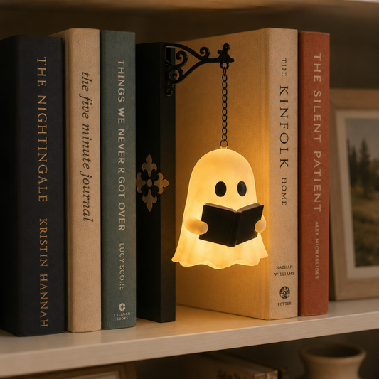 Ghost Reading Bookshelf Night Light, Hanging Book Nook Lamp, Cozy Reading Decor, Halloween Gift for Book Lovers & Readers